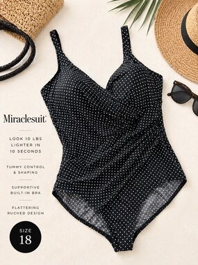 Miraclesuit Black Polka Dot One Piece Swimsuit Ruched Tummy Control 18